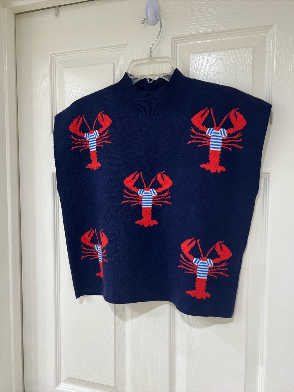 New Navy with Red Lobster Pattern Short Sleeve Sweater Top - Picture 2 of 7
